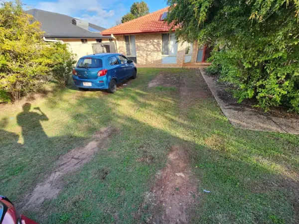 Front yard mown evenly across mixed turf and worn patches