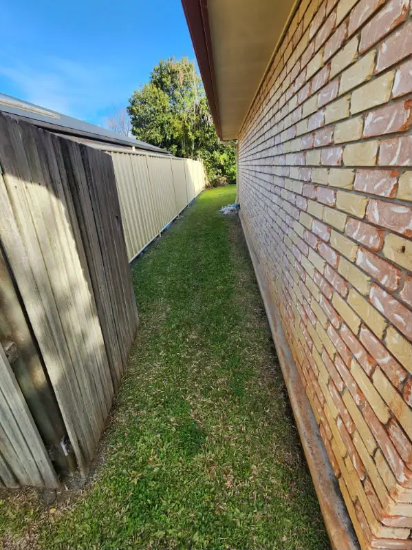 Narrow side run mown clean between a brick wall and boundary fence