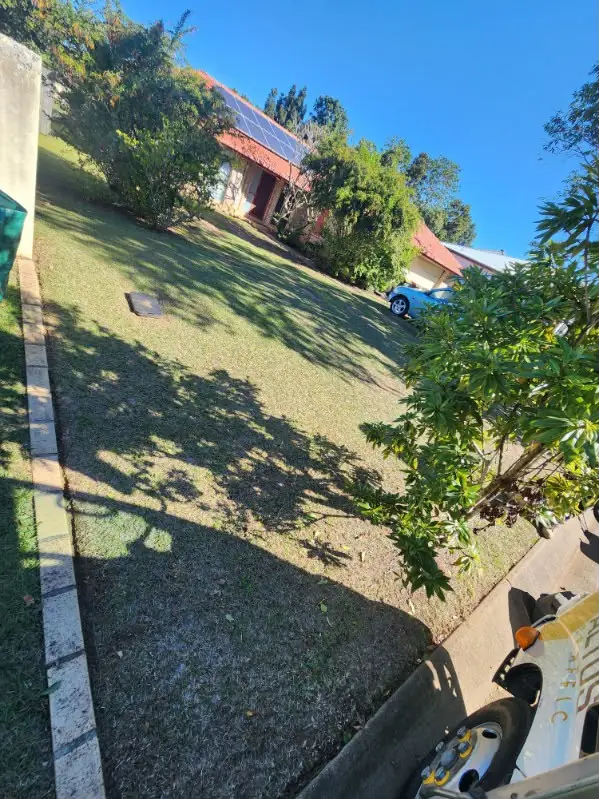 Side yard lawn mown and edged along a concrete path and garden bed