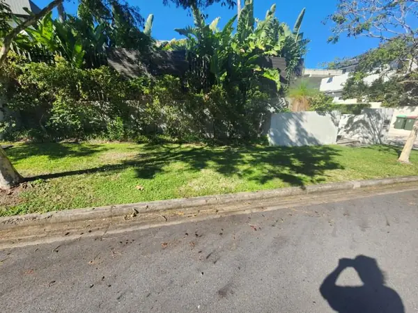 Sloped verge lawn mown clean beside a residential driveway